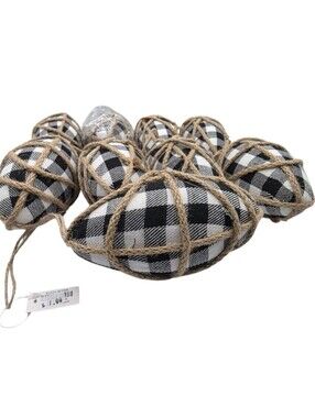 Buffalo Plaid Christmas Tree Ornaments Jute Black White Set Of 9 Holiday NEW